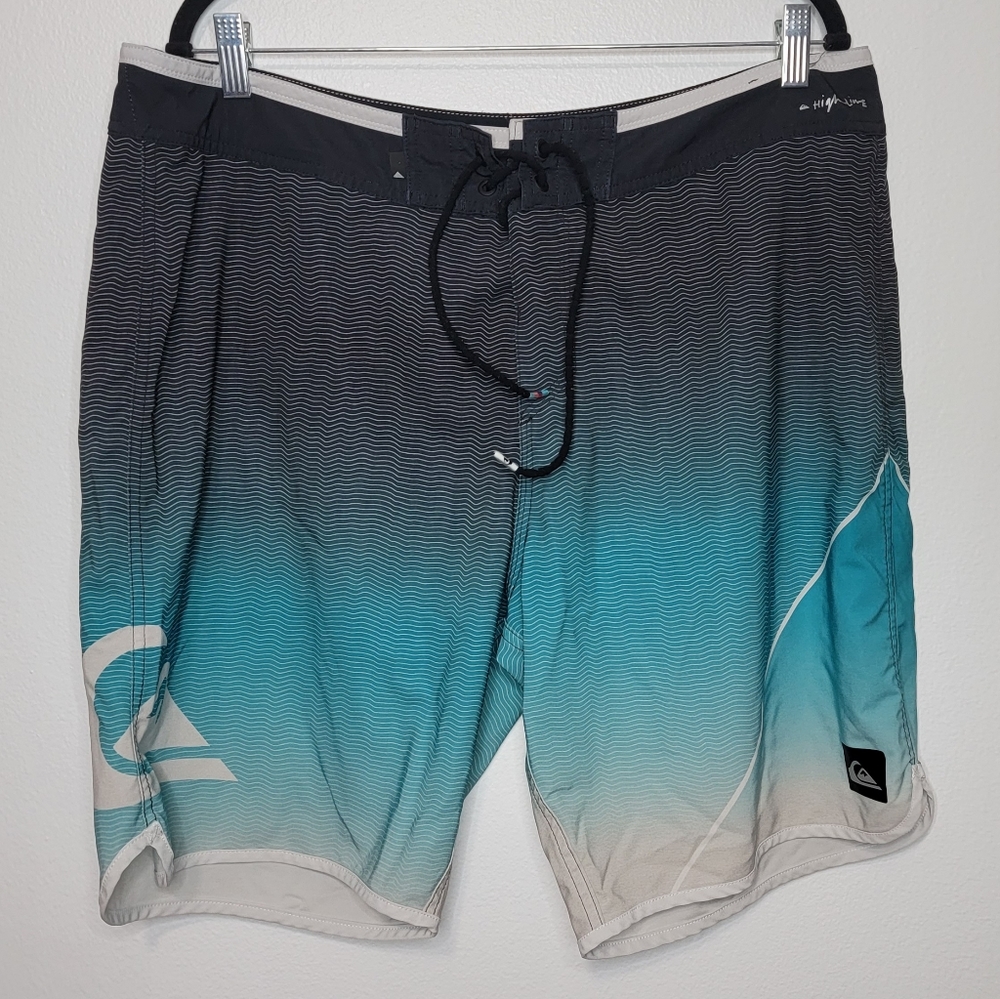 Quiksilver High Line Surf Board Shorts Blue Black Men's 38 DryFlight Swim Trunks